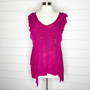 Yoana Baraschi Ruffle Trim Sharkbite Raw Hem Top Fuchsia Small